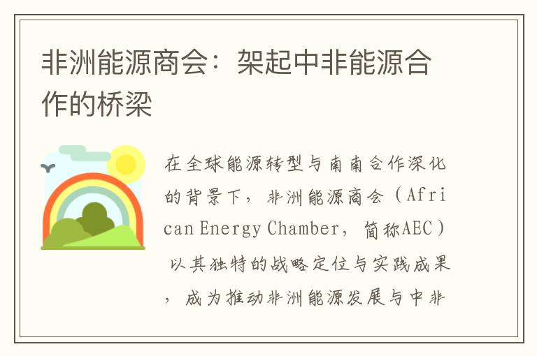 非洲能源商会：架起中非能源合作的桥梁