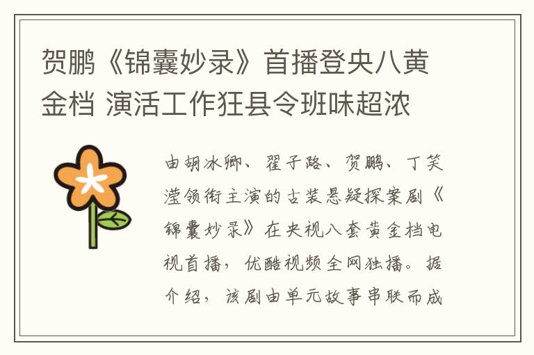 贺鹏《锦囊妙录》首播登央八黄金档 演活工作狂县令班味超浓