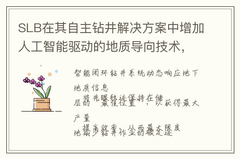 SLB在其自主钻井解决方案中增加人工智能驱动的地质导向技术，以实现更加高效、高产的油井
