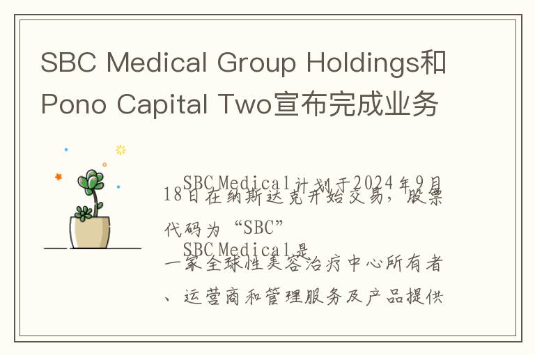 SBC Medical Group Holdings和Pono Capital Two宣布完成业务合并，计划在纳斯达克开始交易