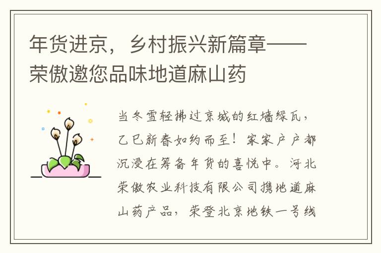 年货进京，乡村振兴新篇章——荣傲邀您品味地道麻山药